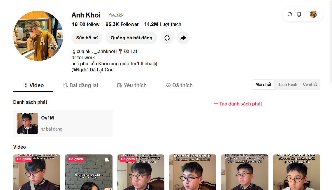 TikTok profile @fre.akk showing 85.3K followers and 14.2M likes